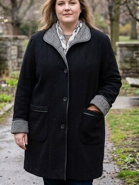 Fen-Nelli Italian Wool Cashmere Blend Coat Salt Pepper Trim Quite Luxury 18W